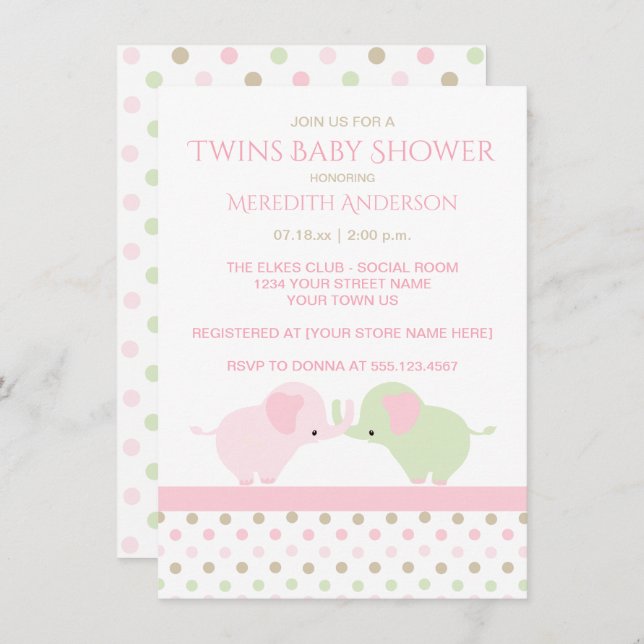 Twin Baby Girl Elephants Baby Shower Invitations (Front/Back)