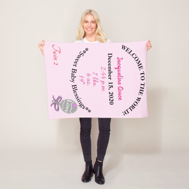 Twin Baby Girl Pink White Baby Stats Fleece Blanket (In Situ)