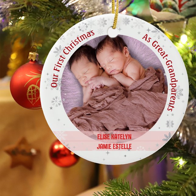 Twin Baby Girls 1st Xmas Great-Grandparents Photos Ceramic Ornament (Our First Christmas as Great-Greatparents of Twin Girls. Snowflakes and Stars. Cute Swaddled Babies)