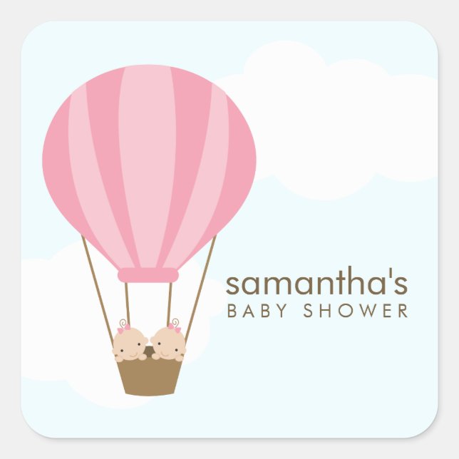 Twin Baby Girls in Balloon Baby Shower Square Sticker (Front)
