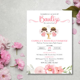 Twin Baby Girls Invitacion Bautizo Flowers Baptism Invitation