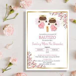 Twin Baby Girls Invitacion Bautizo Leaves Baptism Invitation