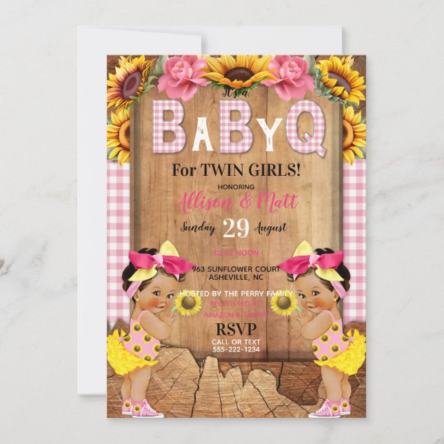 Twin Baby Girls Pink Sunflower Baby Q Barbecue Invitation (Front)