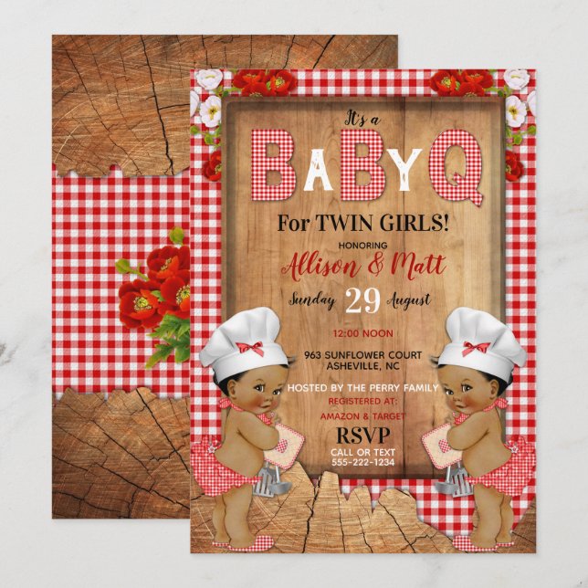 Twin Baby Girls Red Gingham Wood Baby Q Barbecue Invitation (Front/Back)