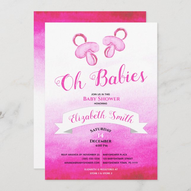 Twin Baby girls watercolor babyshower Invitation (Front/Back)
