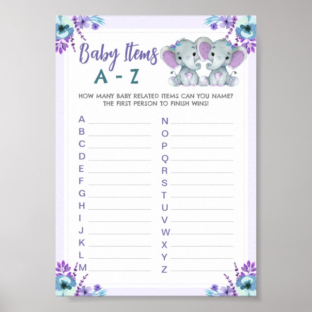 Twin Baby Memory Items Game Elephant  Girl Shower Poster (Front)
