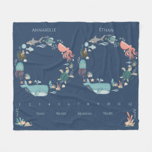 Twin Baby Milestone Blue Under the Sea Animals Fleece Blanket