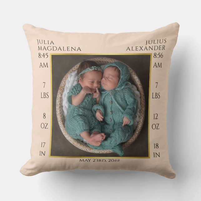 Twin Baby Name Birth Stats Photo Collage Keepsake Cushion (Front)