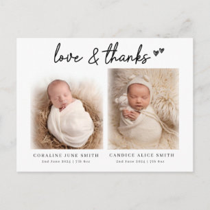 Twin baby photo birth announcements love & thanks postcard