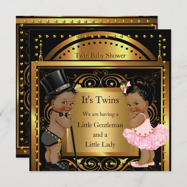 Twin Baby Shower Boy and Girl Gold Ethnic Invitation (Front/Back)