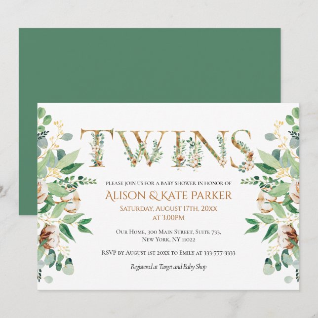 Twin Baby Shower | Cotton Eucalyptus Gold Alphabet Invitation (Front/Back)
