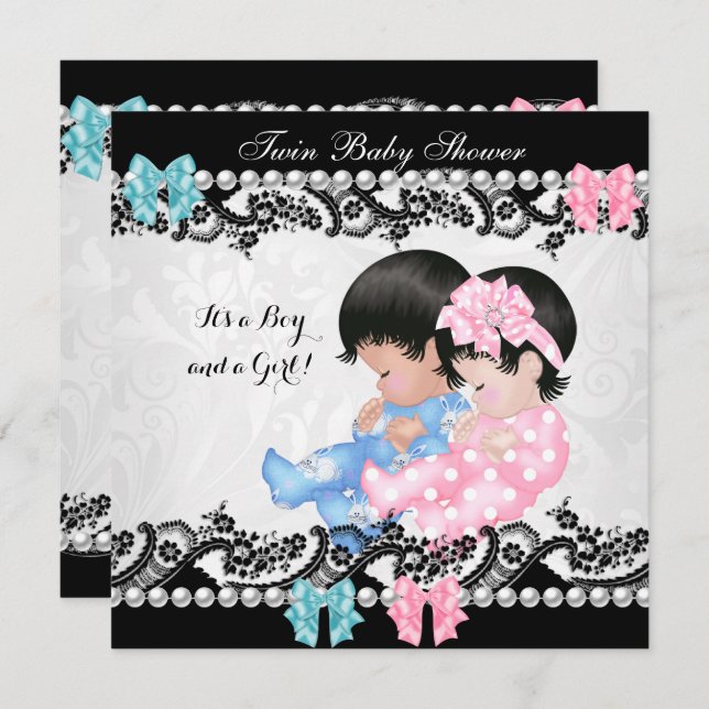 Twin Baby Shower Cute Girl Pink Boy Blue Invitation (Front/Back)