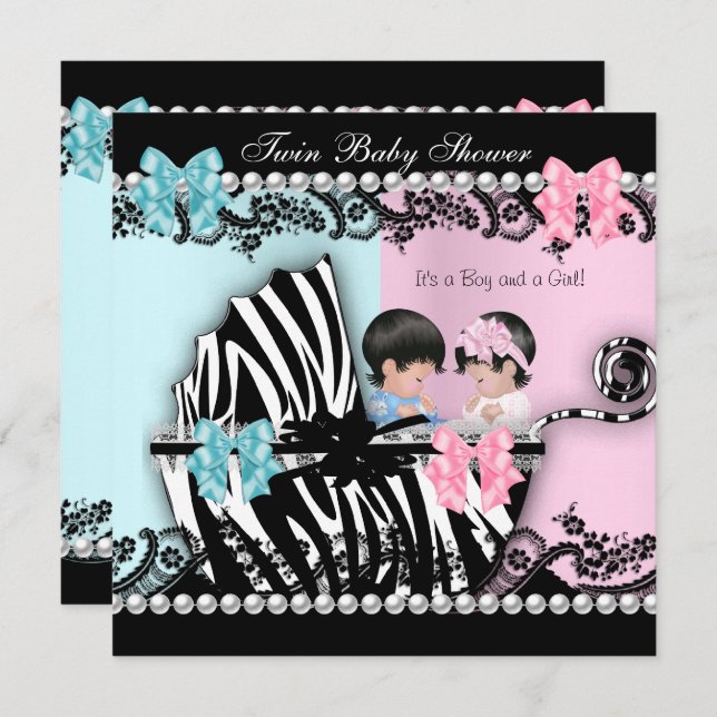 Twin Baby Shower Cute Girl Pink Boy Blue Zebra 2 Invitation (Front/Back)