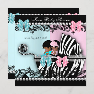 Twin Baby Shower Cute Girl Pink Boy Blue Zebra 4 Invitation