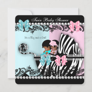 Twin Baby Shower Cute Girl Pink Boy Blue Zebra 4 Invitation