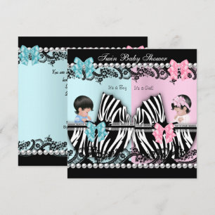 Twin Baby Shower Cute Girl Pink Boy Blue Zebra Invitation