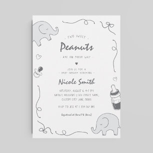 Twin Baby Shower Hand Drawn Elephants Pacifiers Invitation