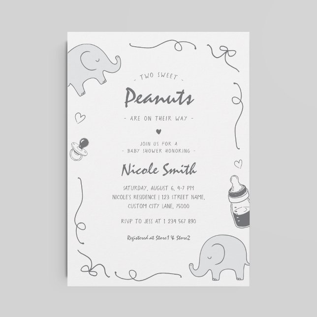 Twin Baby Shower Hand Drawn Elephants Pacifiers Invitation (Creator Uploaded)