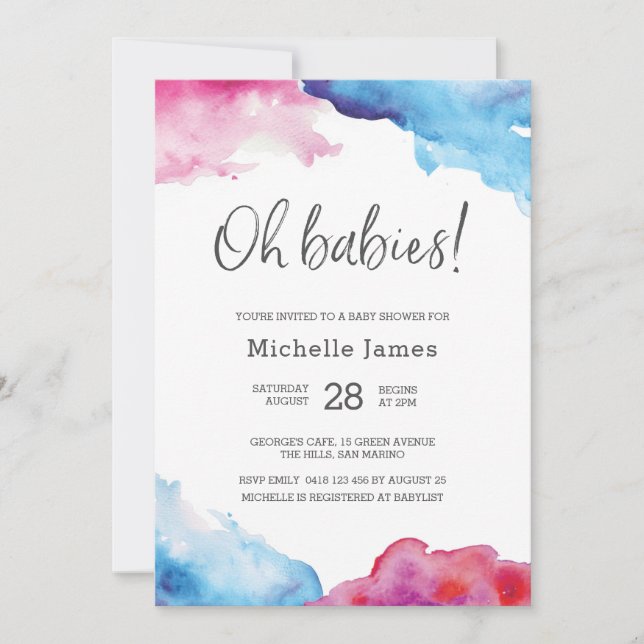 Twin Baby Shower Invitation | Blue and pink (Front)