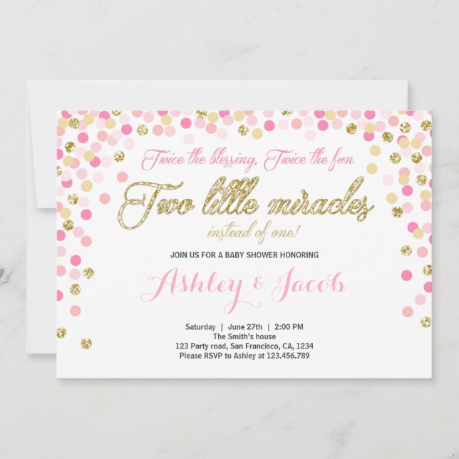 Twin Baby Shower Invitation Girls Pink and gold (Front)