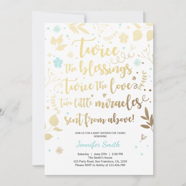 Twin Baby Shower Invitation Gold Blue boy shower (Front)