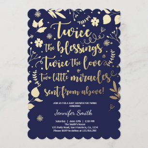Twin Baby Shower Invitation Gold Navy Floral