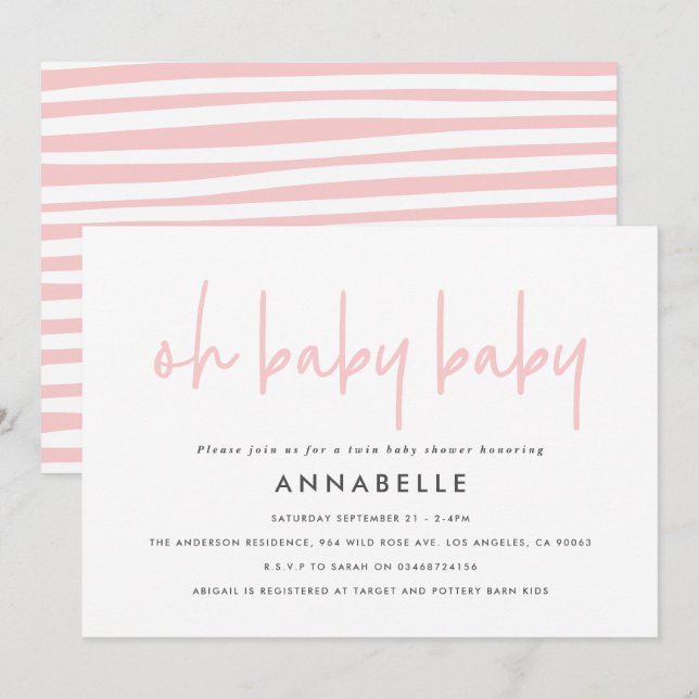 Twin baby shower pink girly modern typography invitation (Front/Back)