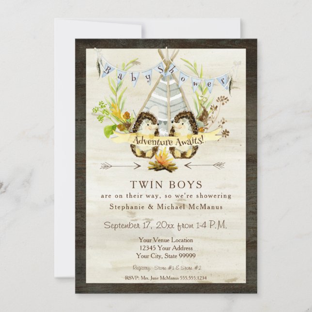 Twin Baby Shower Woodland Animal Teepee Hedgehog Invitation (Front)