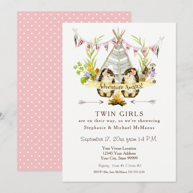 Twin Baby Shower Woodland Animal Teepee Hedgehog Invitation (Front/Back)