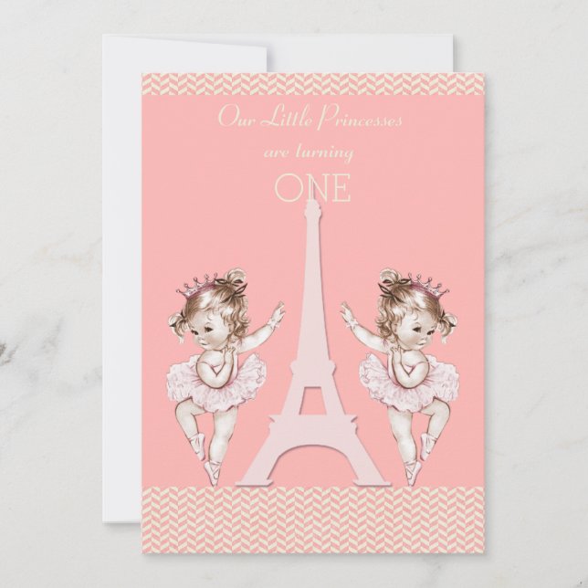 Twin Ballerinas Eiffel Tower Chevrons 1st Birthday Invitation (Front)