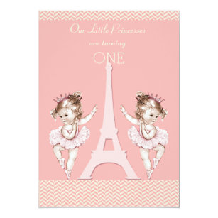 Twin Ballerinas Eiffel Tower Chevrons 1st Birthday Invitation