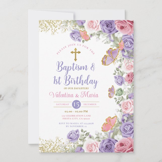 Twin Baptism & 1st Birthday Purple and Pink Floral Invitation (Front)