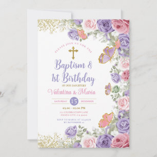 Twin Baptism & 1st Birthday Purple and Pink Floral Invitation