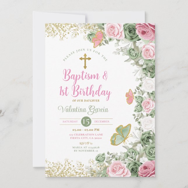 Twin Baptism & 1st Birthday Sage Green Pink Floral Invitation (Front)