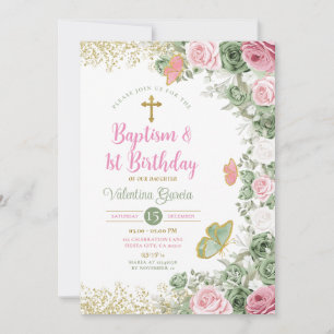 Twin Baptism & 1st Birthday Sage Green Pink Floral Invitation