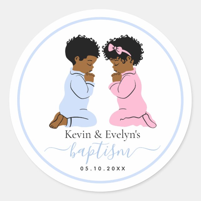 Twin Baptism Sticker – Boy & Girl Praying (Front)