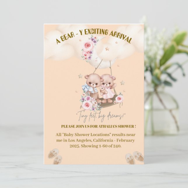 Twin bear baby shower invitation (Standing Front)