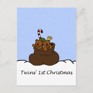 twin bears in santas sack holiday postcard