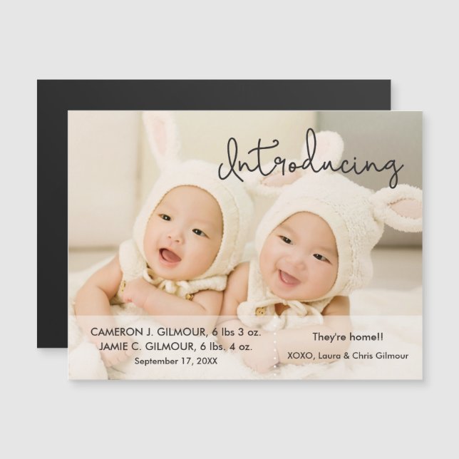 Twin Birth Announcement Modern Script Introducing (Front/Back)