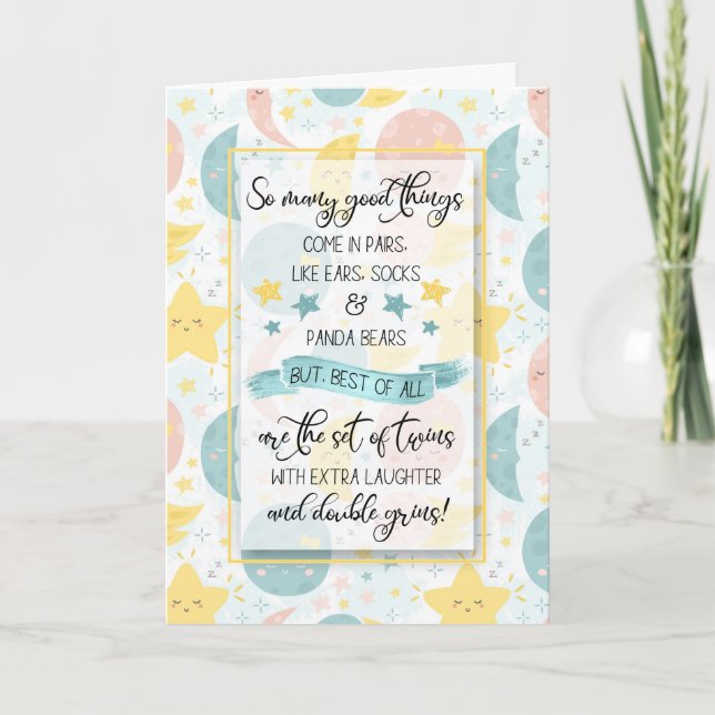 Twin Birth Baby Congratulations Moons and Stars Card (Front)