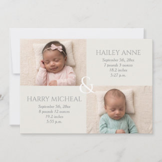 Twin Birth Ivory Grey Announcement