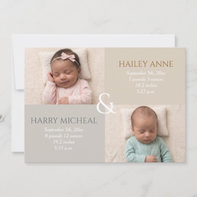Twin Birth Neutral Announcement (Front)