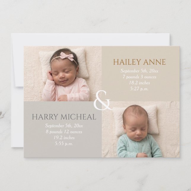 Twin Birth Neutral Announcement (Front)