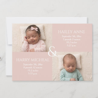Twin Birth Soft Pink Announcement