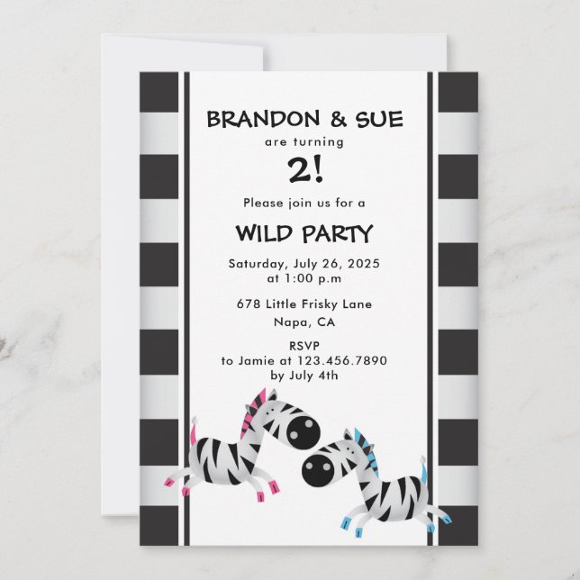 Twin Birthday Party Pink and Blue Zebras Invitation (Front)