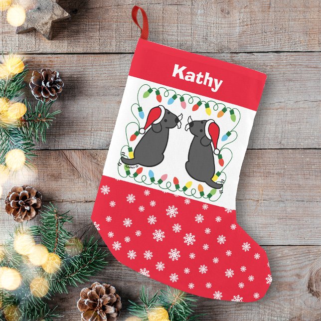 Twin Black Labrador Santas Small Christmas Stocking (Personalized Twin Black Labrador Santas Christmas Stocking for Labrador Retriever Owners.)