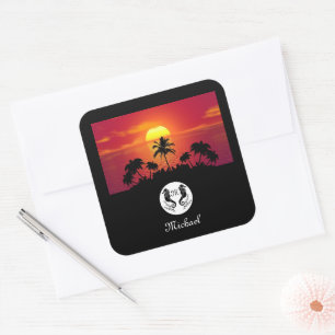 Twin Black Seahorse Monogram Photo Name Square Sticker