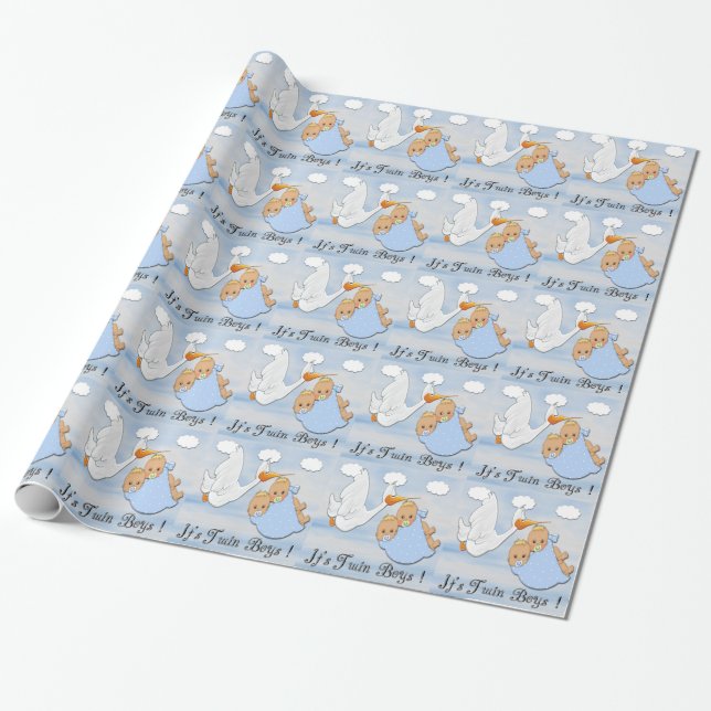 Twin Blonde Boys - Stork Baby Shower Wrapping Pape Wrapping Paper (Unrolled)