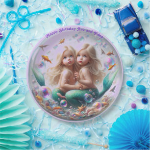 Twin Blonde Little Mermaids Bubble Paper Plate