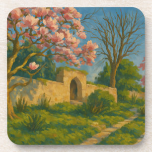 Twin Blossoms – Tranquil Garden Path Painting Coaster